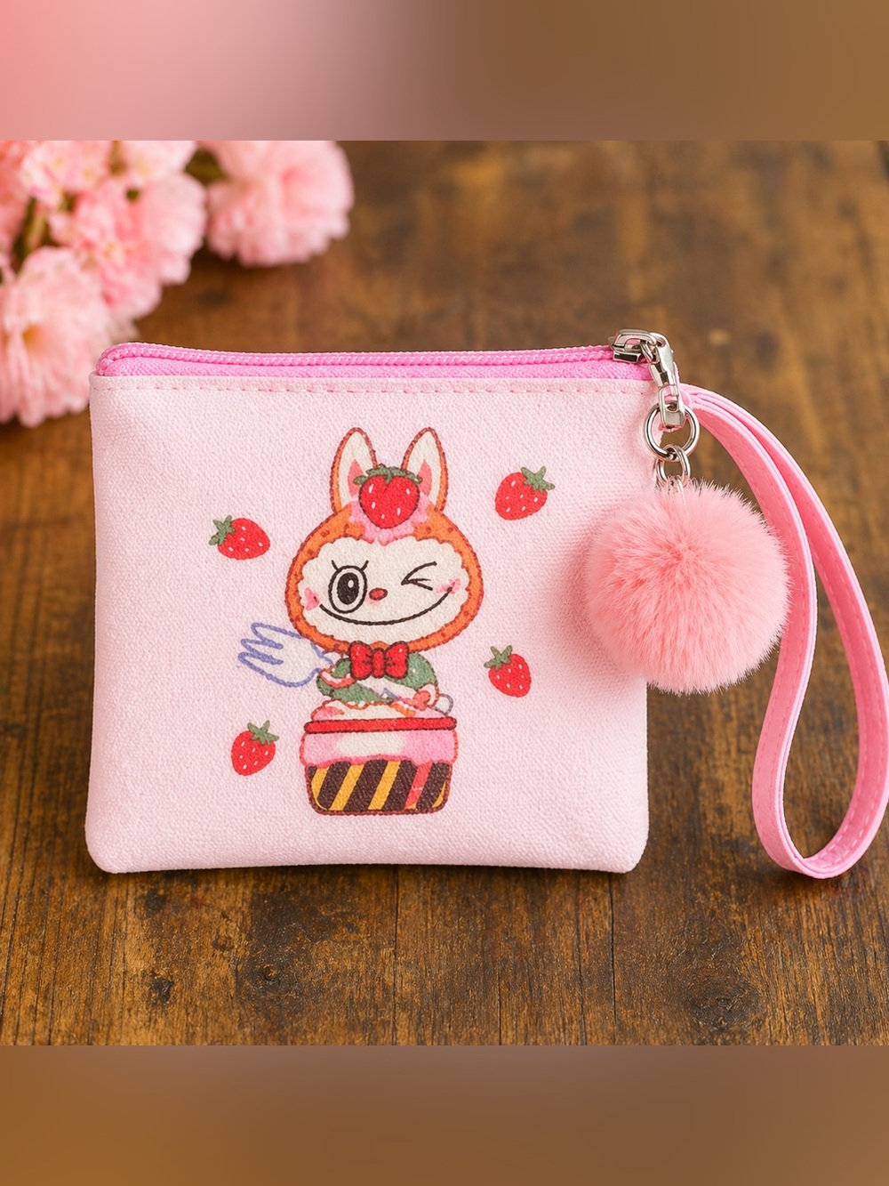 Strawberry Labubu Inspired Pink Wristlet Pouch Kids Cute Coin Bag